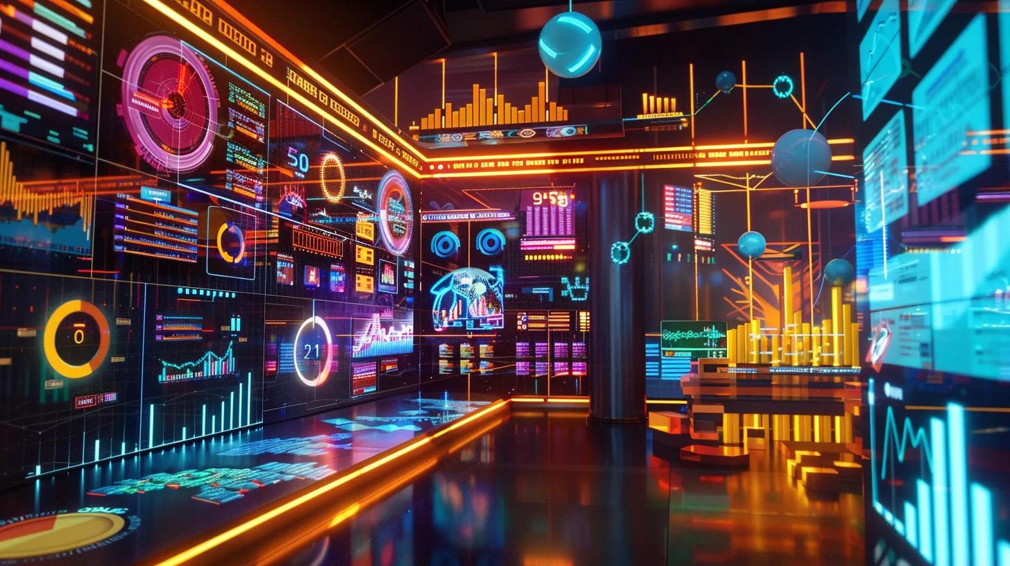 a dynamic and colorful digital marketing landscape showcases automated systems in action, with vibrant graphs depicting roi, engaging sms alerts, and seo analytics illuminated by a bright, futuristic glow.