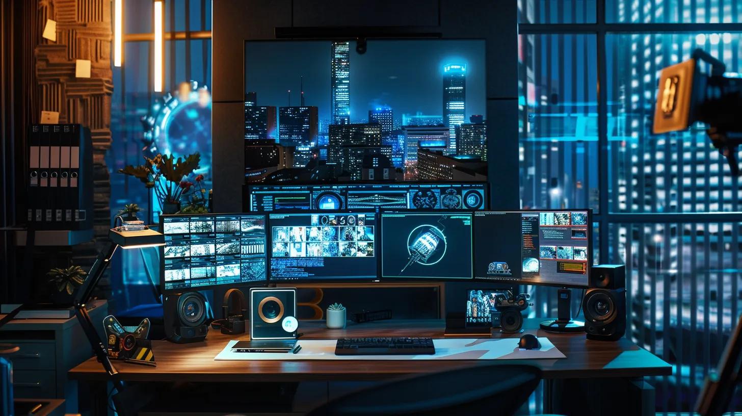 a dynamic and modern digital marketing workspace, illuminated by soft natural light, showcasing sleek technology and vibrant visuals that symbolize innovation and strategic growth in an ever-evolving digital landscape.