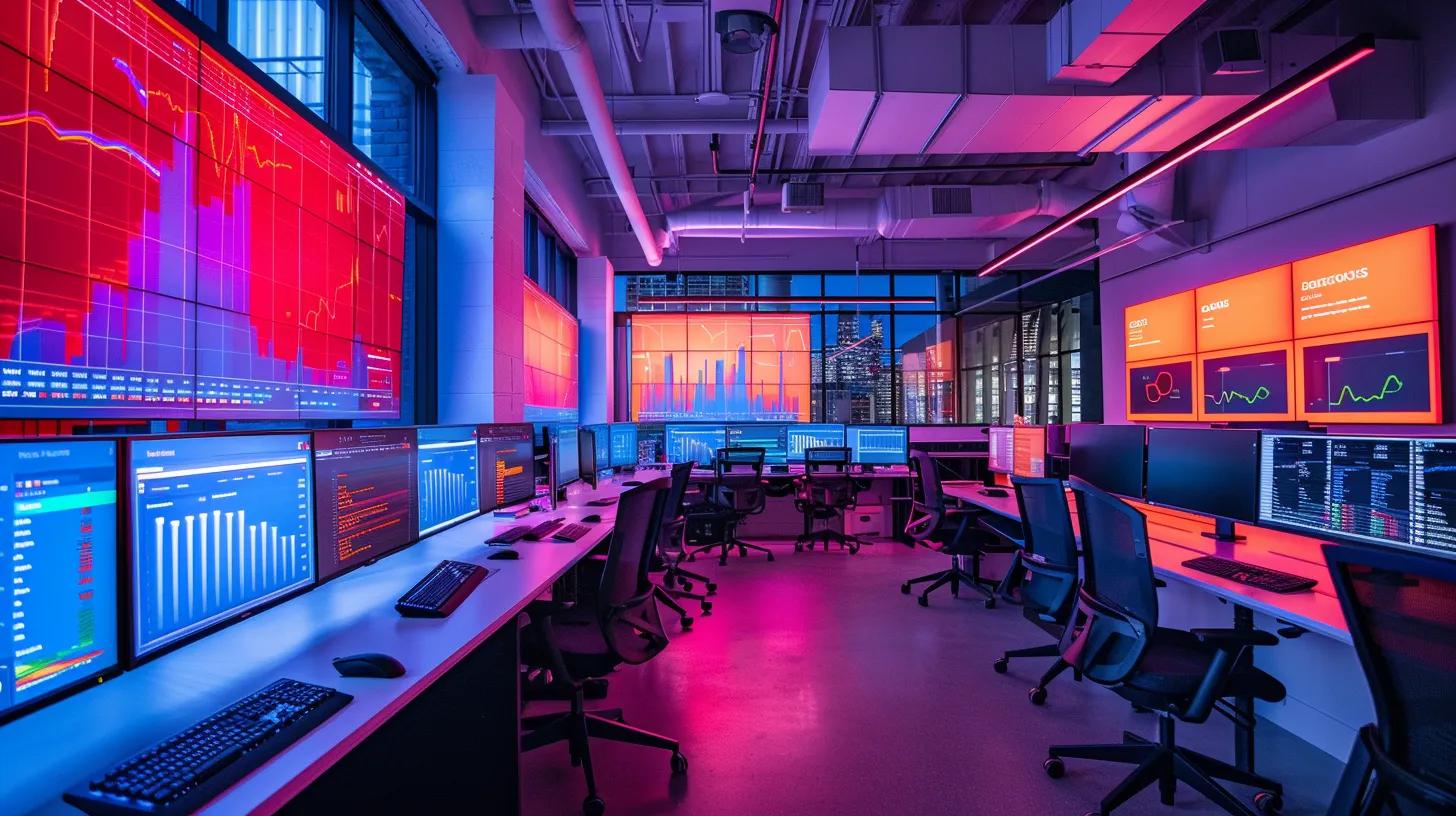 a dynamic and vibrant digital marketing workspace in new jersey, filled with screens displaying colorful omnippc campaign metrics and lead generation strategies, illuminated by soft, focused lighting that highlights a sense of innovation and productivity.
