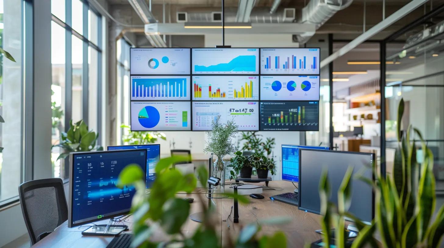 a dynamic and vibrant workspace filled with high-tech screens displaying automated marketing dashboards, symbolizing the fusion of strategic planning and data-driven insights for business growth.
