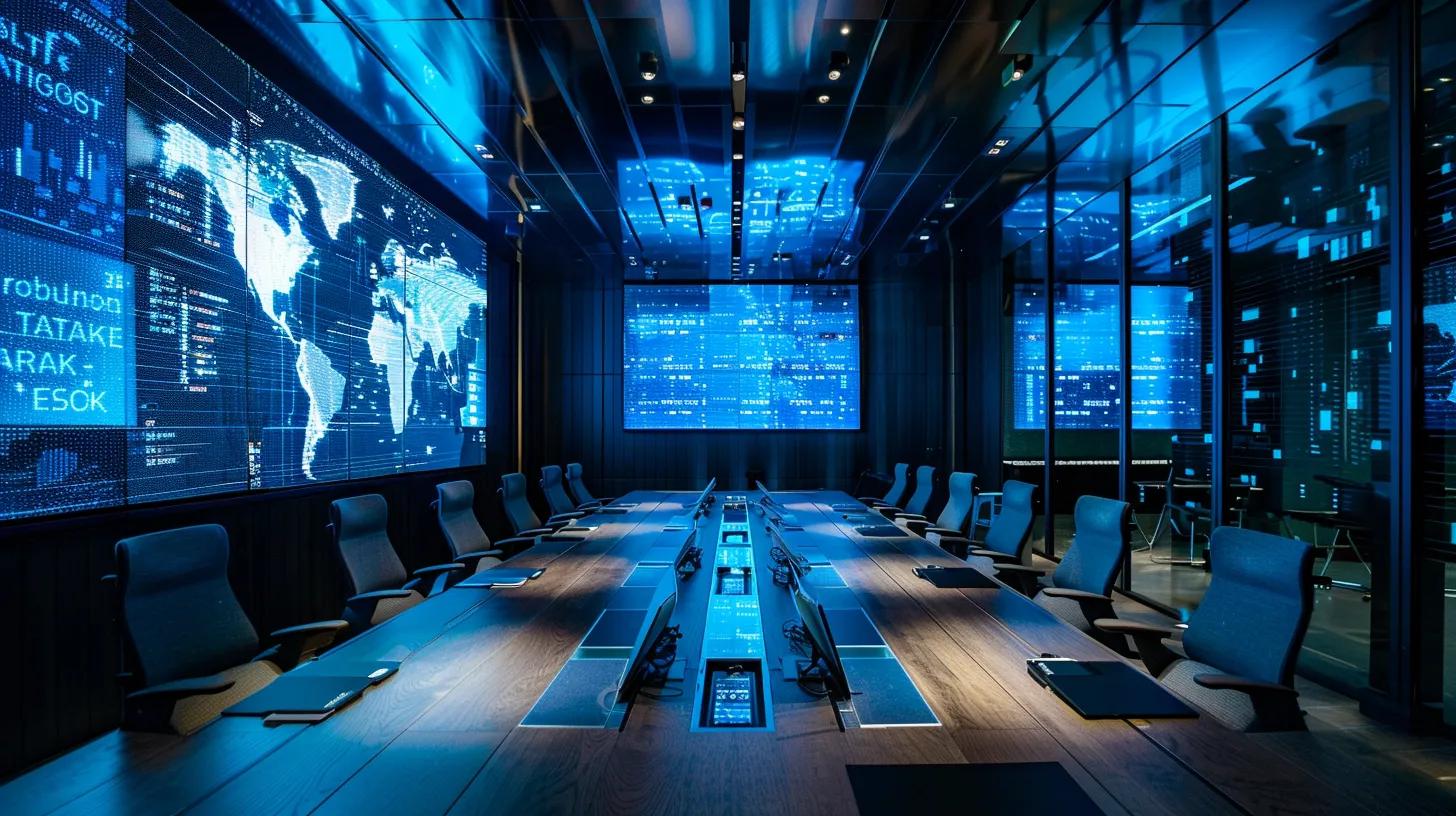a dynamic boardroom scene captures a diverse team engaged in a strategic discussion, surrounded by digital screens displaying real-time advertising data, illustrating the challenges and solutions in omnippc campaign management under vibrant, focused lighting.