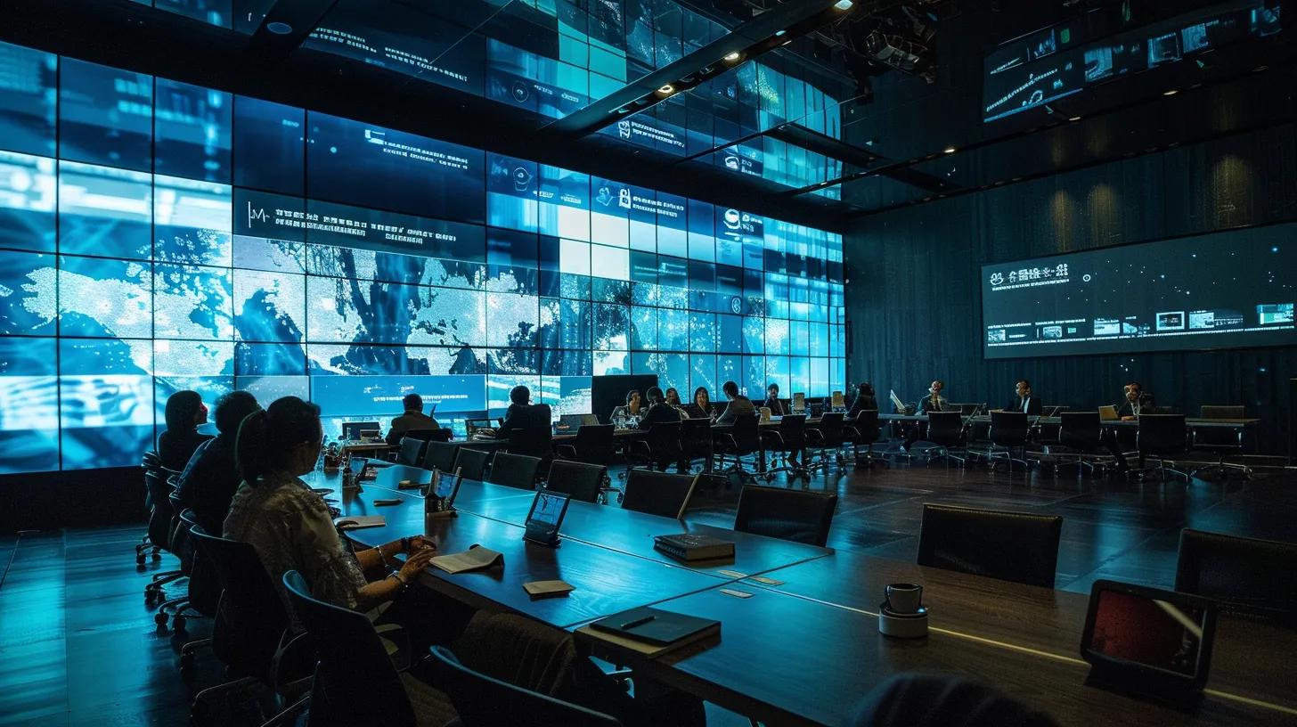 a dynamic boardroom setting captures a diverse group of professionals engaged in an animated discussion, surrounded by digital screens displaying vibrant analytics and marketing strategies, symbolizing the transformative power of successful business marketing operating system implementations.