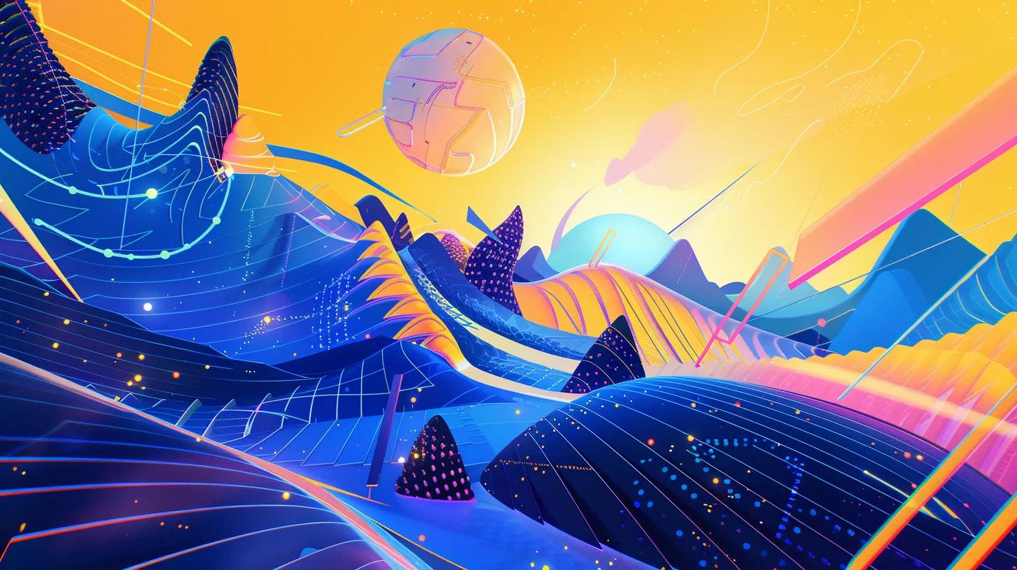 a dynamic illustration depicting a digital landscape filled with tangled arrows and upward trends representing the challenges and strategies of seo content marketing amidst vibrant data streams and algorithmic patterns.