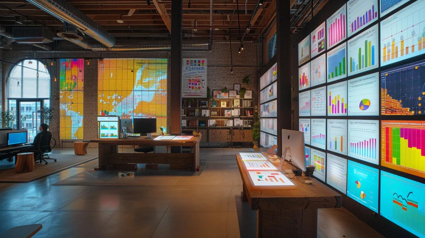 a dynamic office environment filled with vibrant charts and digital screens, showcasing the innovative strategies of eastmain digital marketing as they analyze data to drive successful real estate campaigns. a dynamic office environment filled with vibrant charts and digital screens, showcasing the innovative strategies of eastmain digital marketing as they analyze data to drive successful real estate campaigns.