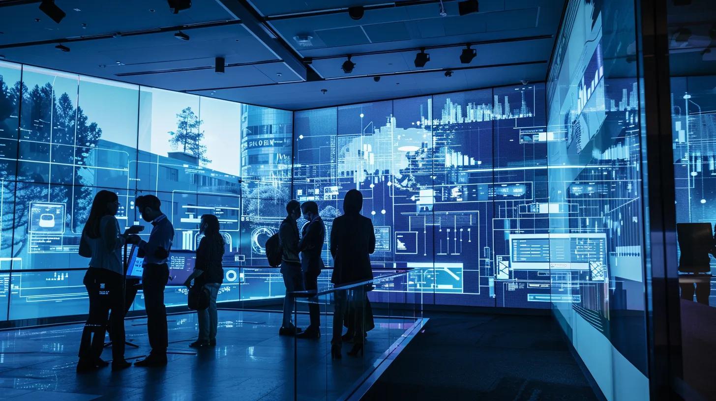 a dynamic office environment showcases a diverse team engaged in a collaborative discussion around a digital marketing dashboard, illuminated by soft, natural light filtering through large windows, symbolizing the transformative journey of adopting a business marketing operating system.