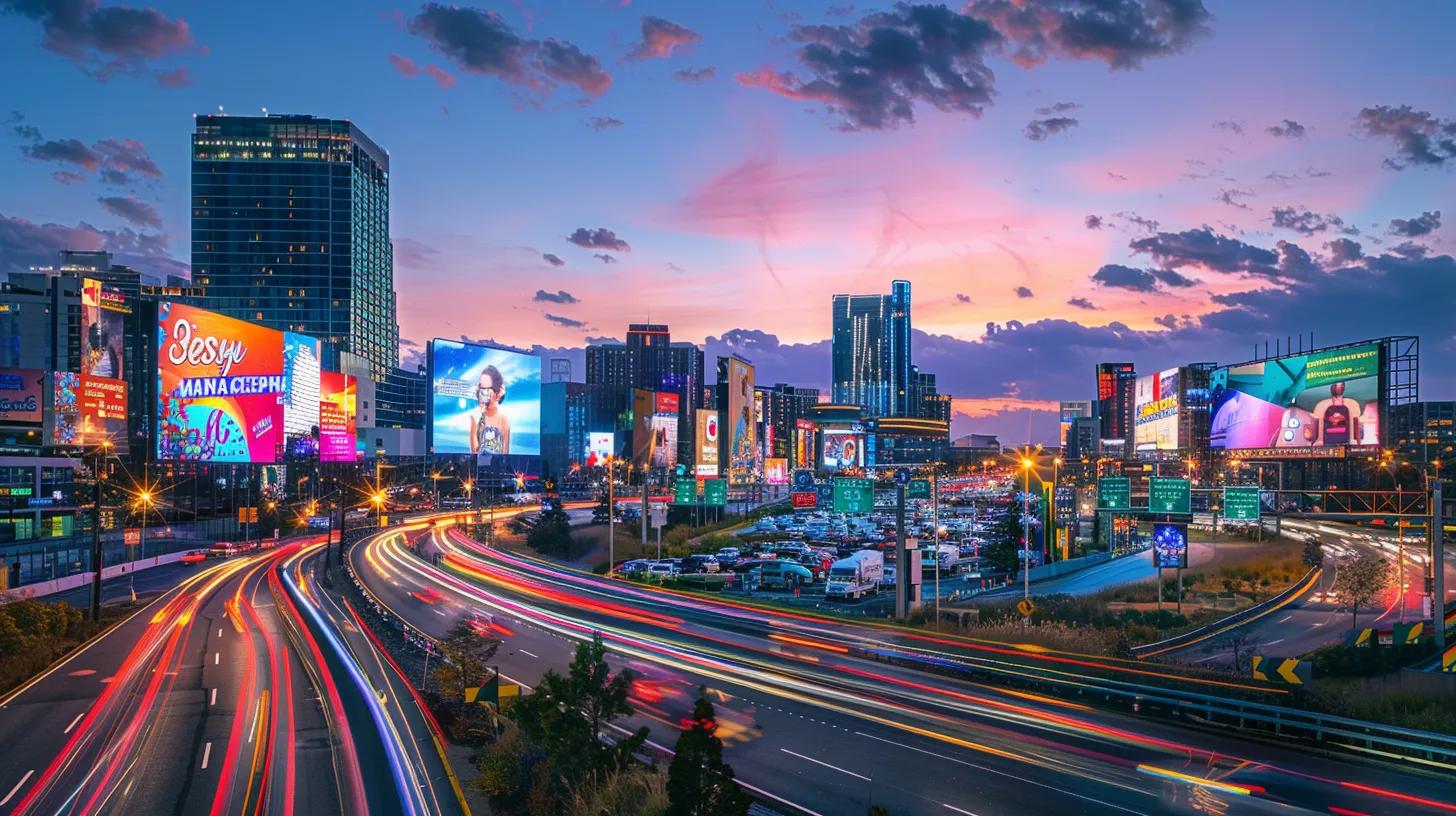 a dynamic skyline of new jersey at dusk, illuminated by vibrant digital billboards showcasing diverse marketing campaigns, symbolizing eastmain digital marketing's innovative approach to engaging consumers and driving business growth.