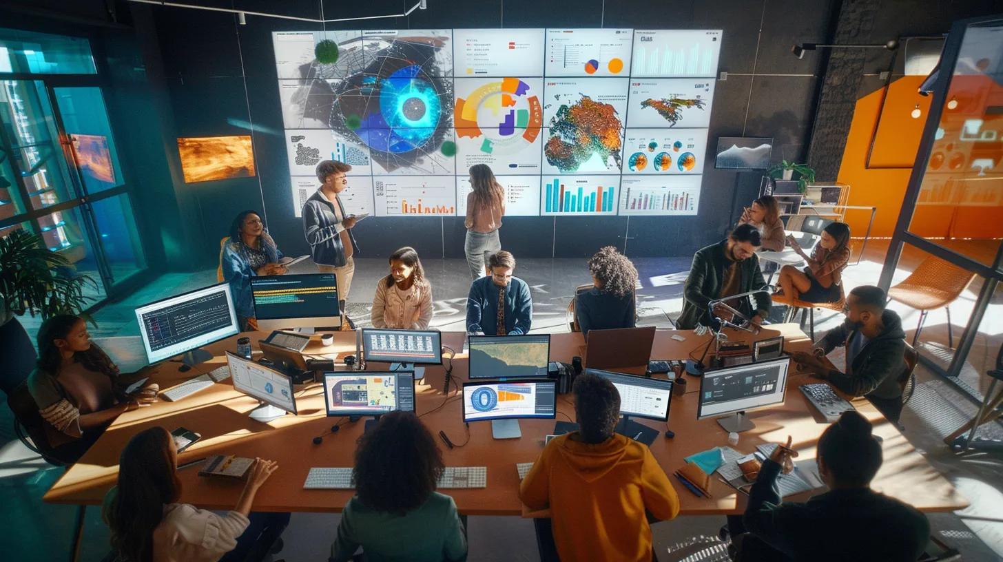 a dynamic workspace filled with bright light showcases a diverse team of professionals collaboratively brainstorming over digital screens displaying seo strategies and graphs, embodying innovation and teamwork.