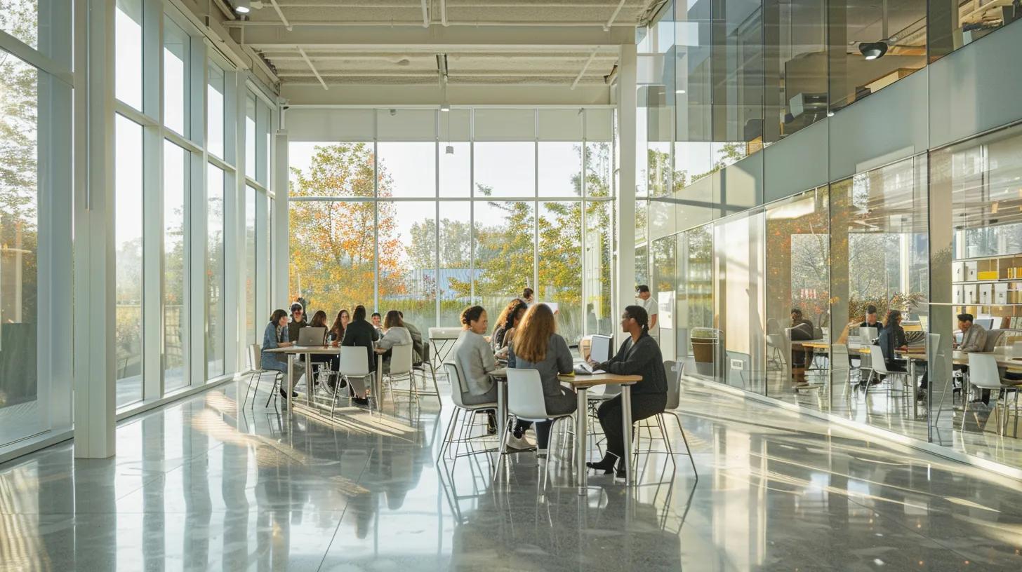 a dynamic workspace filled with innovative marketing strategies, featuring a confident leader guiding a diverse team around a modern table, illuminated by soft, natural light streaming through large windows.
