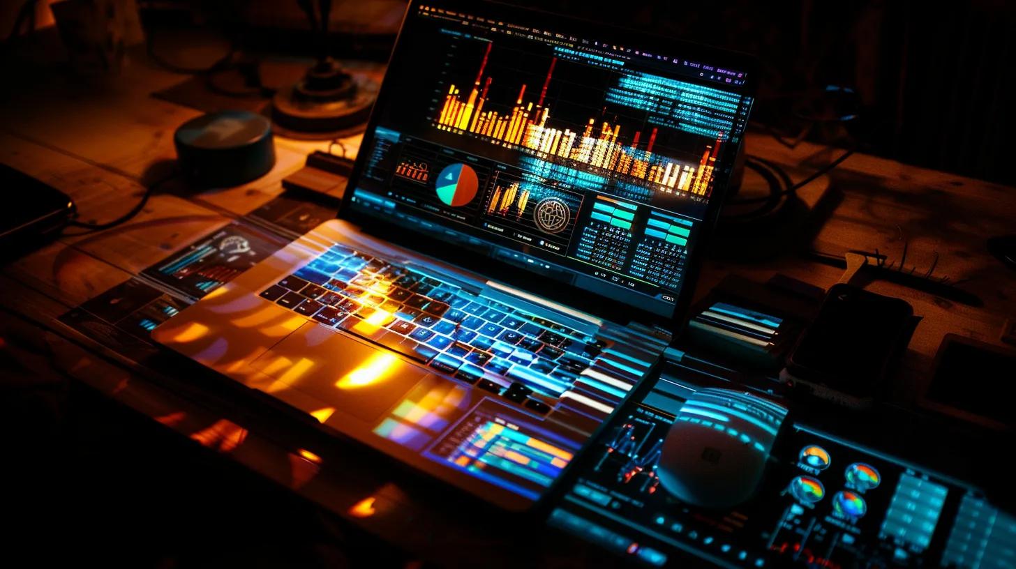 a dynamic workspace illuminated by natural light showcases a digital marketing professional analyzing seo analytics on a sleek laptop, surrounded by vibrant charts and graphs that depict strategic growth in the competitive online landscape.