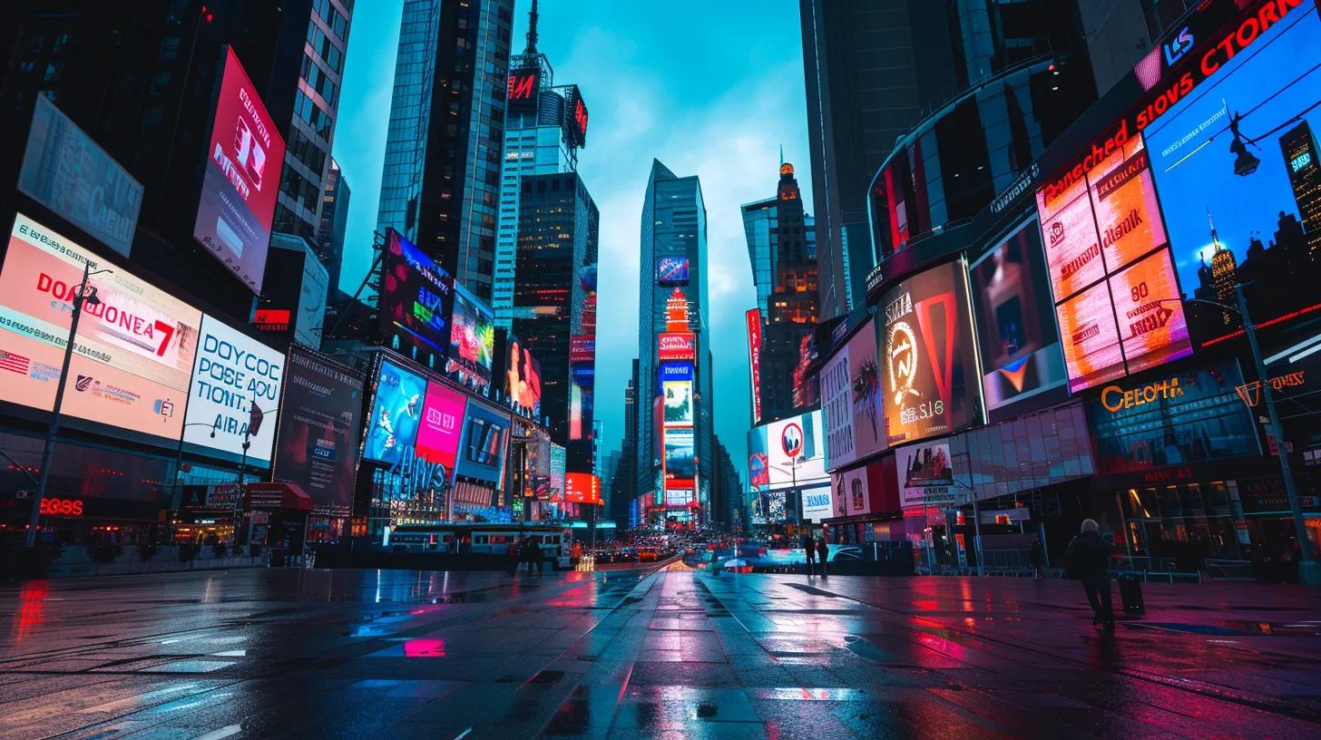 a futuristic city skyline at dusk illuminated by vibrant digital billboards, showcasing data visualizations and trends, encapsulates the essence of data-driven marketing influenced by artificial intelligence and automation. a futuristic city skyline at dusk illuminated by vibrant digital billboards, showcasing data visualizations and trends, encapsulates the essence of data-driven marketing influenced by artificial intelligence and automation.