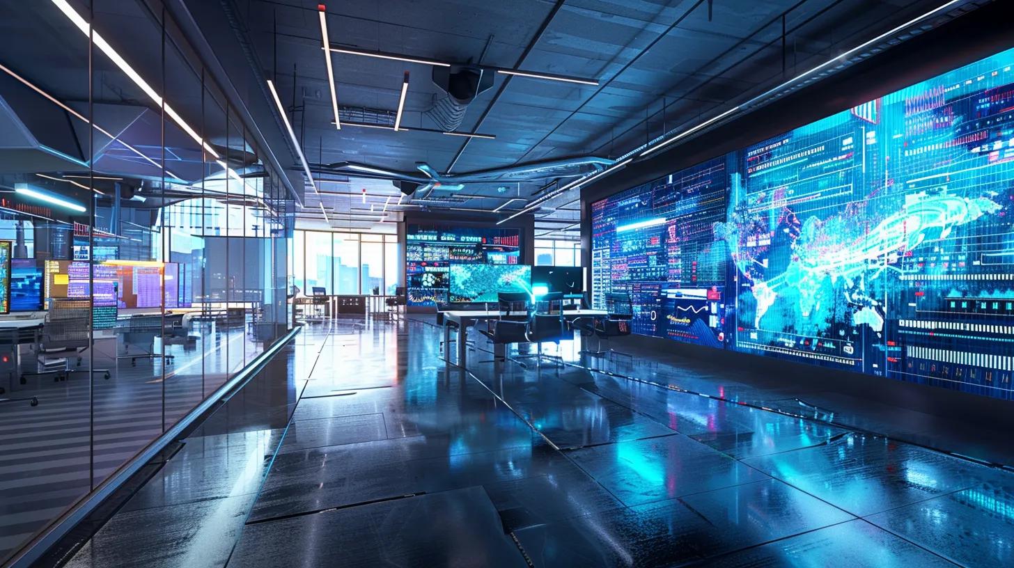 a futuristic office workspace brimming with dynamic digital displays, showcasing advanced analytics and ai tools that seamlessly integrate marketing strategies in a vibrant, collaborative environment.