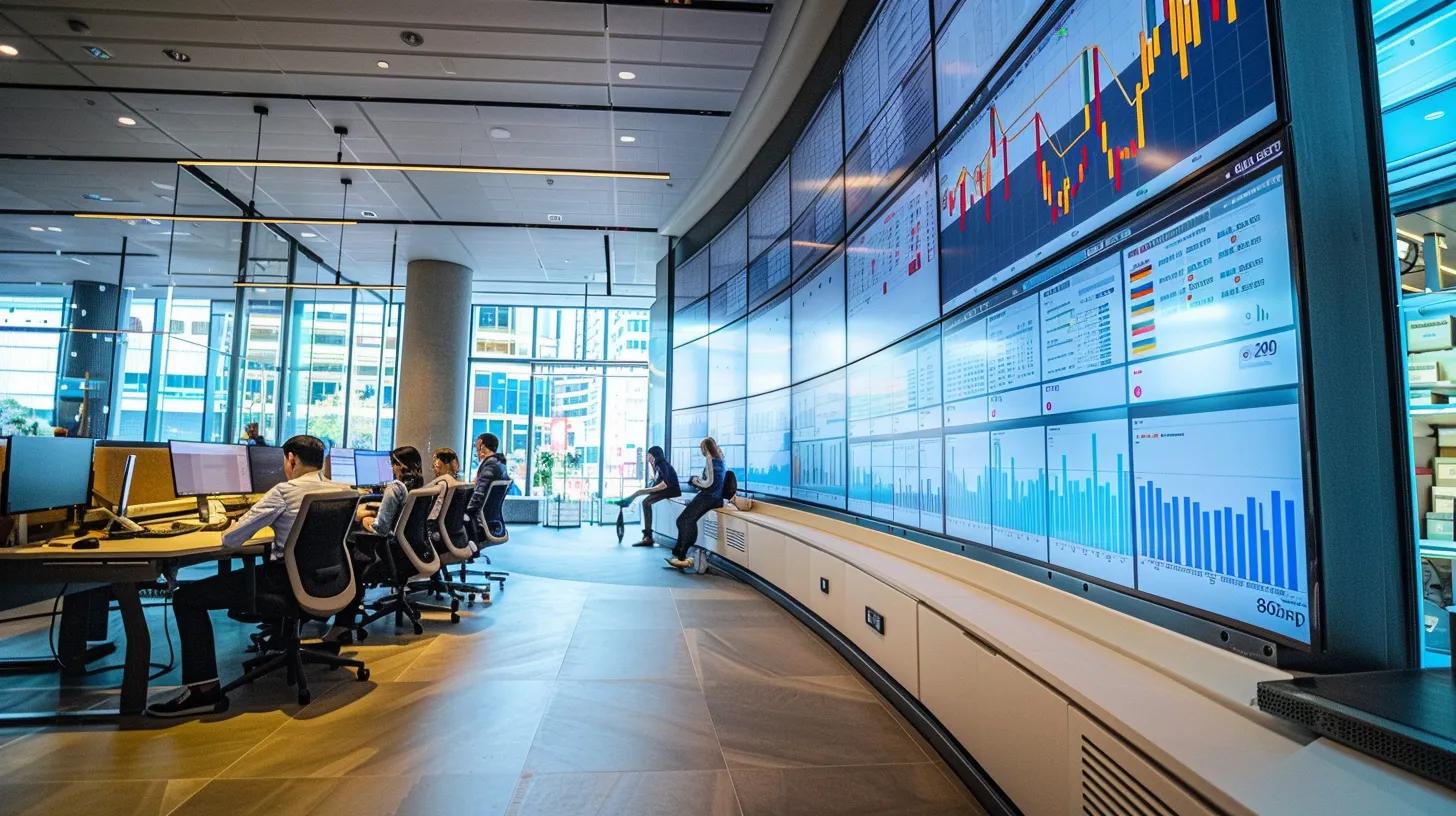 a modern office environment featuring a diverse team engaged in a dynamic brainstorming session, surrounded by digital screens displaying marketing data and analytics, illuminated by natural light streaming through large windows.