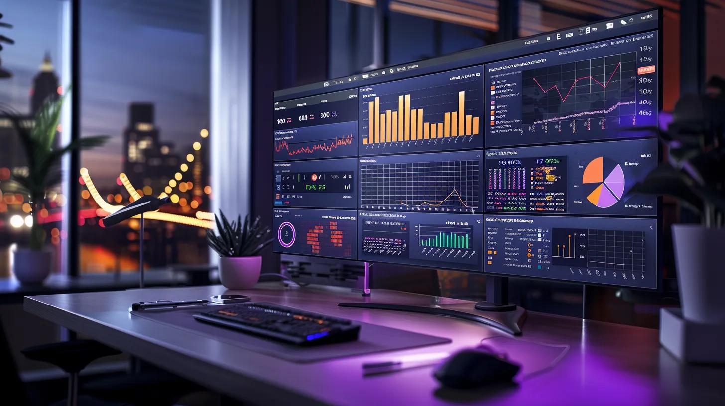 a powerful visual of a vibrant digital marketing dashboard displaying dynamic graphs and metrics, with glowing client testimonials around it, symbolizing the success and impact of eastmain digital marketing's omni-channel strategies.