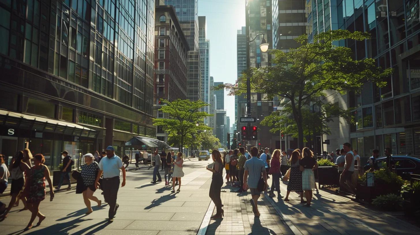 a vibrant, bustling urban landscape showcases a diverse group of professionals engaged in animated discussions, symbolizing dynamic collaboration and strategy in real estate marketing for optimal return on investment.