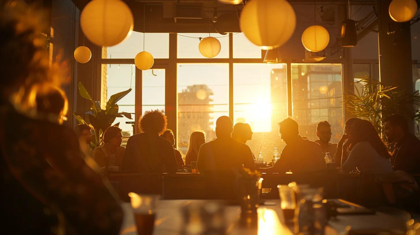 a vibrant, collaborative meeting room scene showcases a diverse group of professionals engaging in an animated discussion, illuminated by warm, natural light filtering through large windows, symbolizing the client-centric approach of eastmain digital marketing.