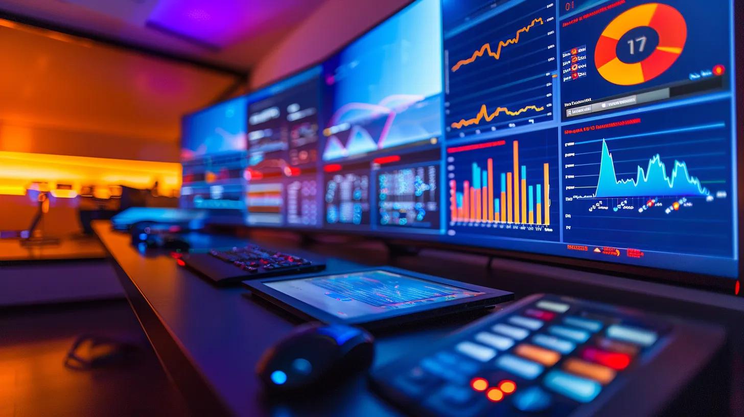 a vibrant digital marketing dashboard illuminated by soft, focused lighting displays real-time analytics and graphs, symbolizing the seamless integration of marketing processes and the empowerment of informed decision-making.