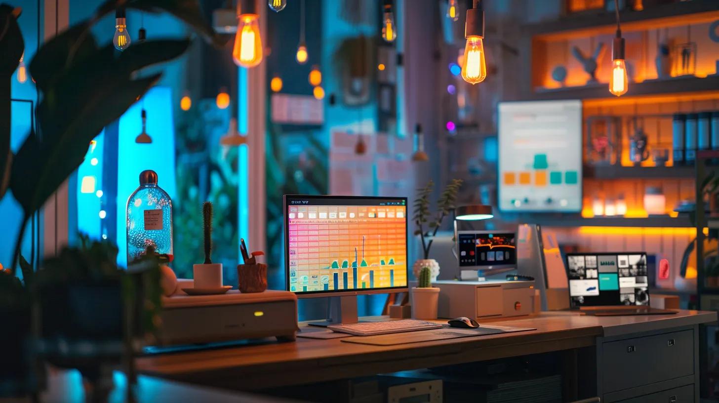 a vibrant digital marketing landscape showcases interconnected devices displaying successful omnippc campaign metrics, symbolizing the synergy of omnichannel strategies driving effective lead generation.