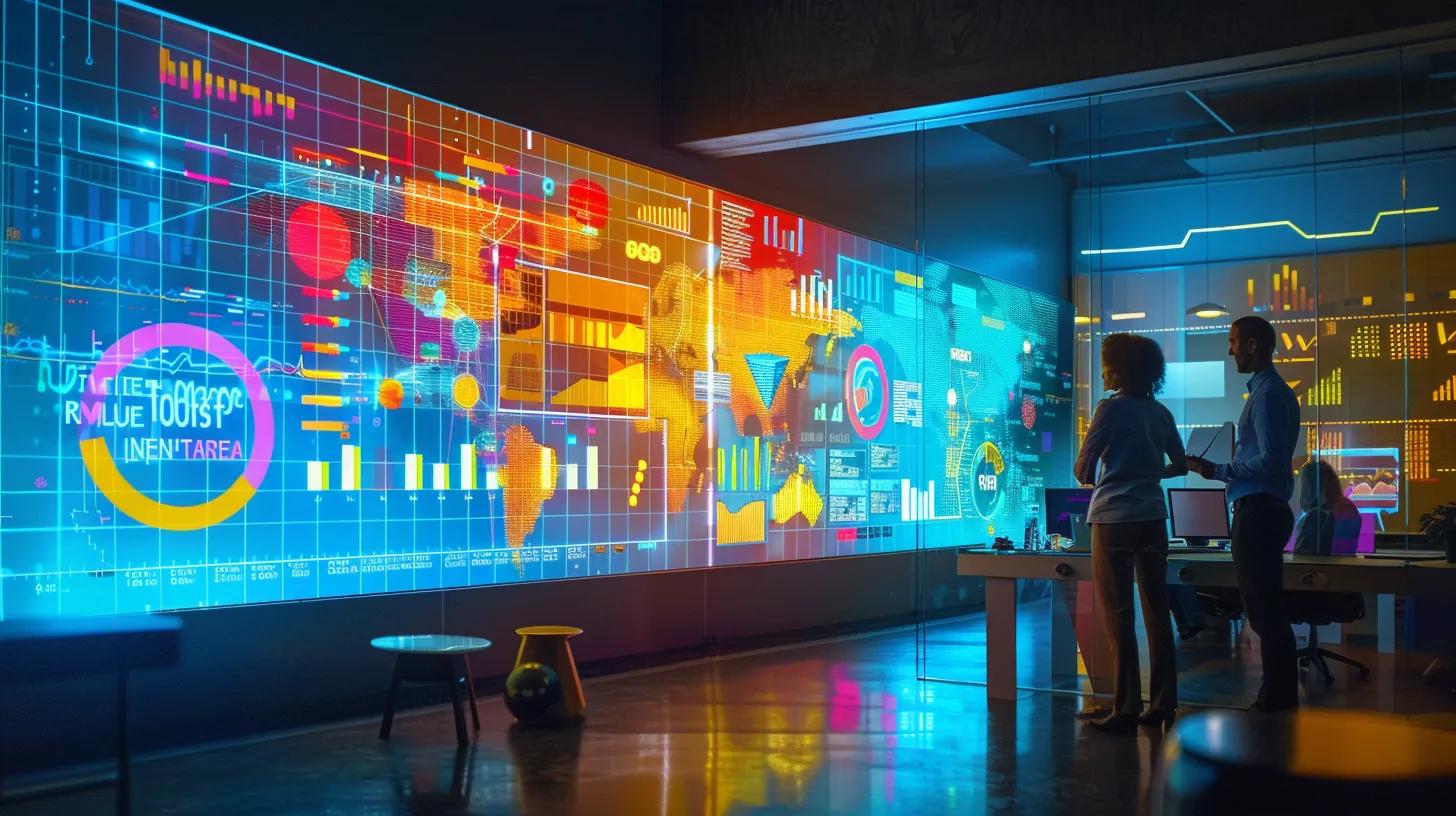 a vibrant digital marketing office scene showcasing a dynamic team engaged in brainstorming sessions, surrounded by colorful charts and graphs that illustrate impressive client success stories and growth strategies.