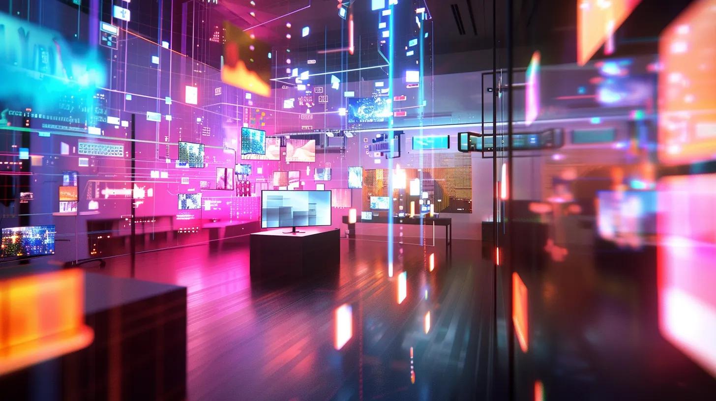 a vibrant, digital workspace brimming with data visualizations and collaborative teams, symbolizing the streamlined efficiency and strategic alignment achieved through an advanced marketing operating system.