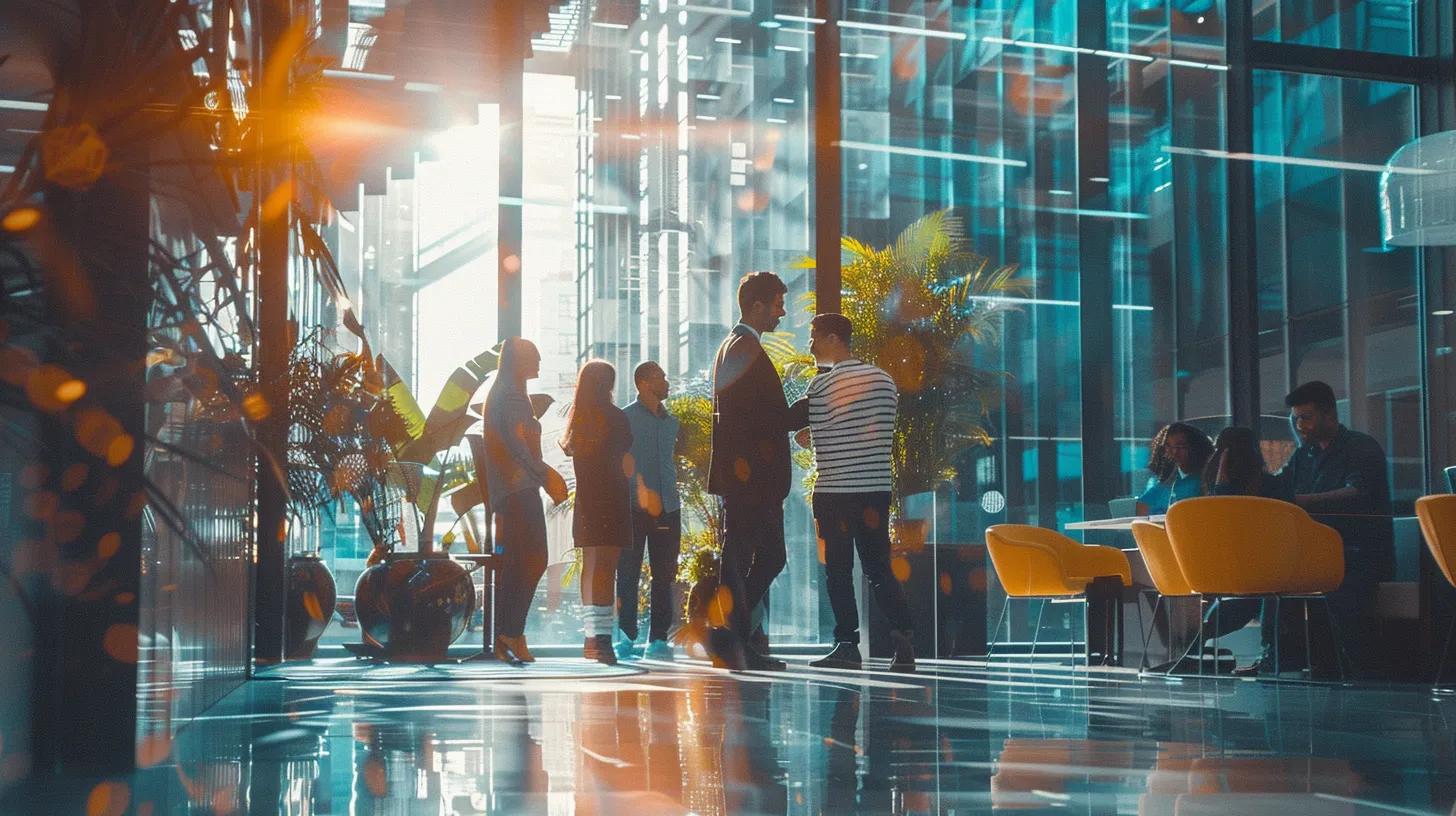 a vibrant, dynamic scene depicting a diverse group of professionals collaborating in a modern office, surrounded by digital marketing visuals that symbolize strategy and engagement, illuminated by soft, natural light filtering through large windows.