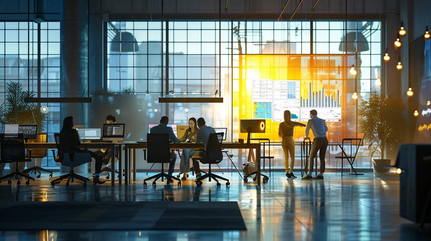 a vibrant, dynamic workspace showcasing a diverse group of professionals collaborating around sleek technology, with glowing screens displaying automated marketing analytics, illuminated by soft, natural light filtering through large windows.