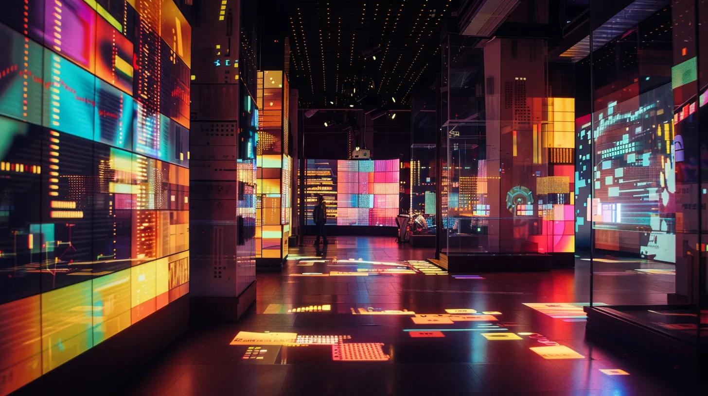 a vibrant, modern workspace with digital screens displaying dynamic marketing analytics and graphs, symbolizing the integration of technology and strategy in a business marketing operating system.