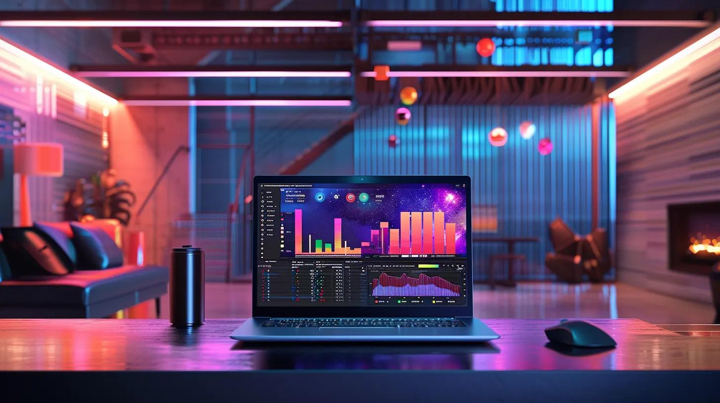 a vibrant workspace features a sleek laptop surrounded by insightful data visualizations and keywords, symbolizing the dynamic strategies for driving seo success in a modern digital landscape.