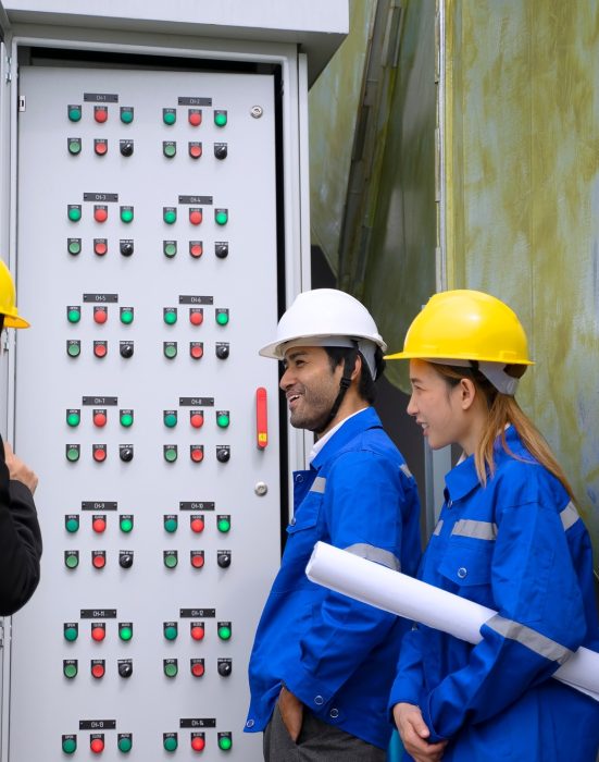 Engineers are checking HVAC system at rooftop.