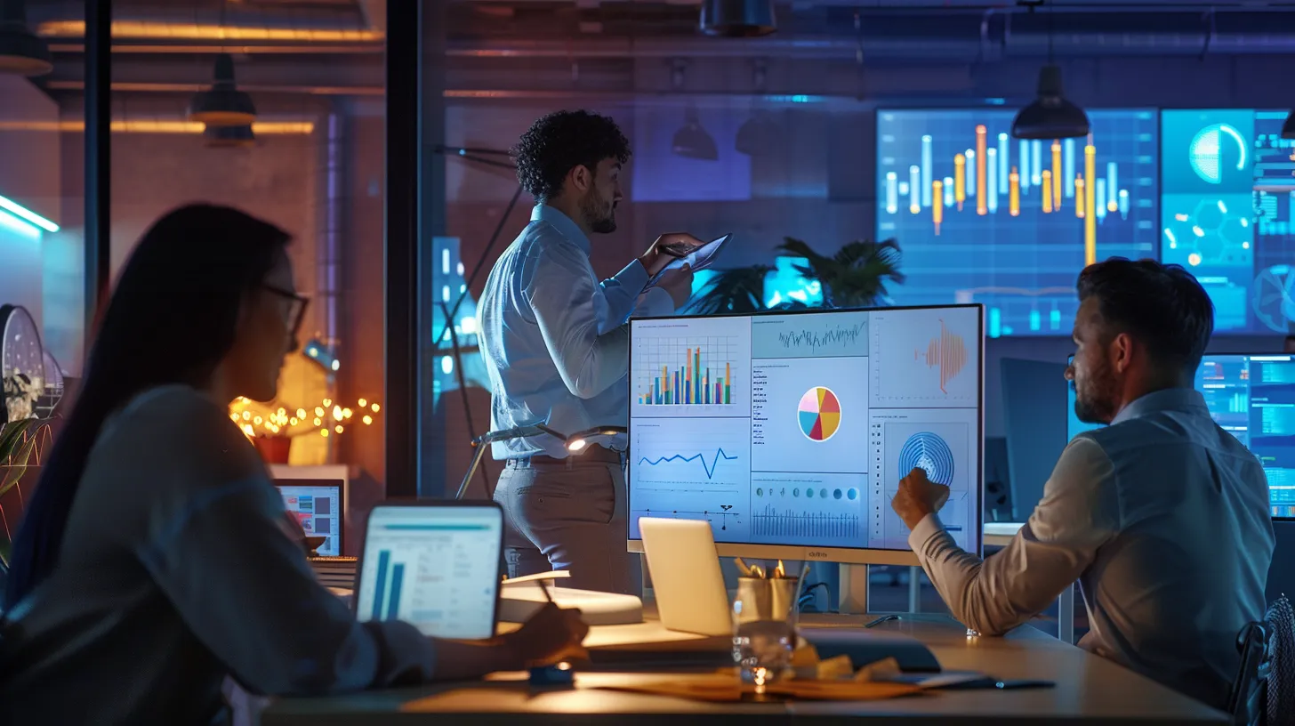 a dynamic digital marketing workspace captures the essence of targeted advertising, showcasing vibrant charts and graphs on screens, surrounded by focused professionals engaged in strategy discussions, illuminated by bright, modern lighting.