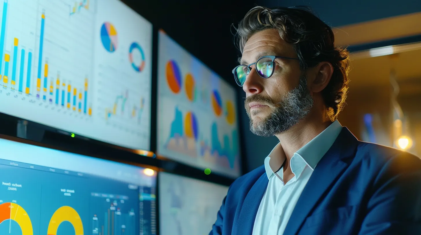 a dynamic scene captures a confident chief marketing officer analyzing vibrant graphs and digital screens, showcasing the energy of strategic content promotion across multiple channels in a modern office environment, illuminated by natural light. a dynamic scene captures a confident chief marketing officer analyzing vibrant graphs and digital screens, showcasing the energy of strategic content promotion across multiple channels in a modern office environment, illuminated by natural light.