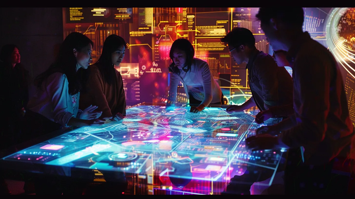 a dynamic, tech-savvy marketing team collaborates around a glowing digital display, immersed in vibrant charts and data visualizations, embodying the spirit of innovation and industry trends. a dynamic, tech-savvy marketing team collaborates around a glowing digital display, immersed in vibrant charts and data visualizations, embodying the spirit of innovation and industry trends.