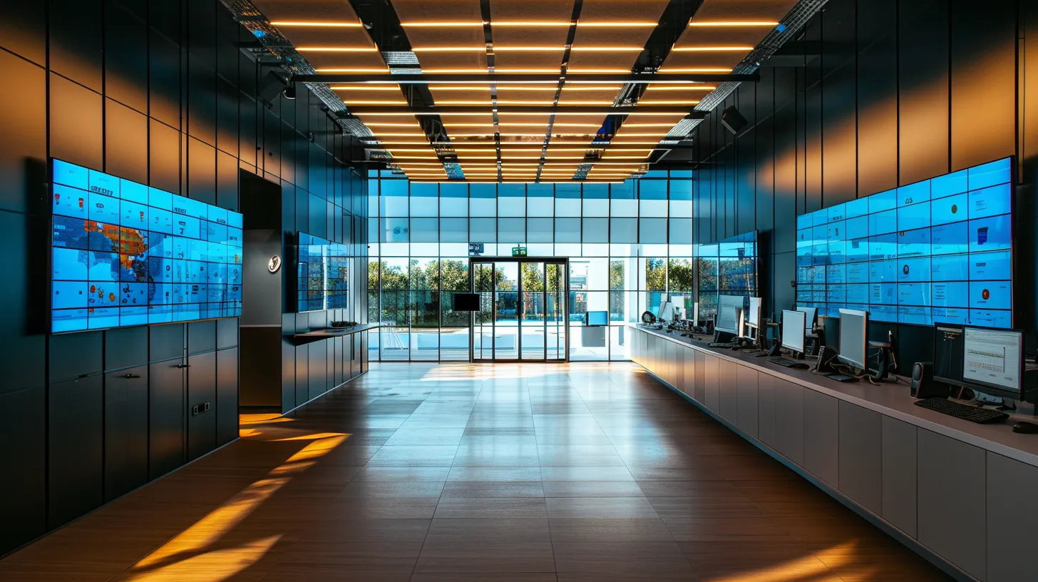 a sleek, modern office space is illuminated by soft natural light, showcasing advanced technological tools like laptops and large screens displaying analytics and crm software, creating an inspiring atmosphere of innovation and productivity in lead generation.