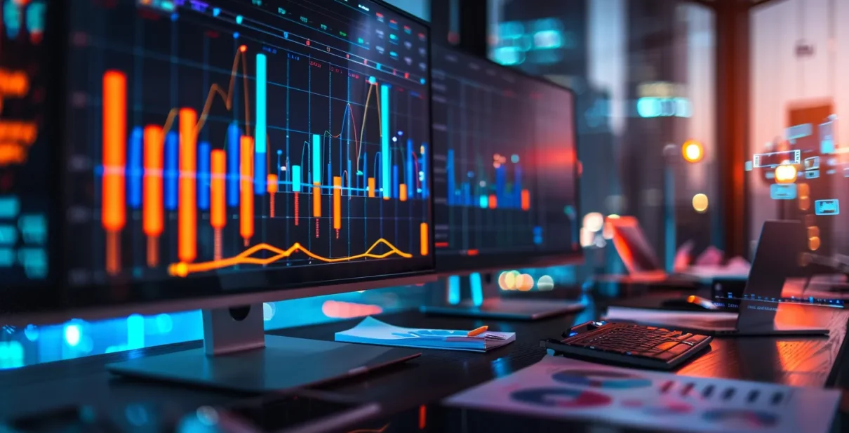 a vibrant, analytical workspace filled with colorful charts and graphs, emphasizing a dynamic, data-driven approach to effective lead generation strategies.