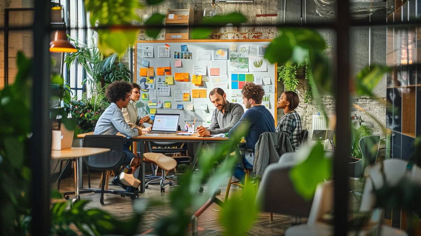 a vibrant brainstorming session in a modern office, featuring a central whiteboard filled with colorful post-it notes and diagrams outlining strategic marketing goals, surrounded by focused professionals engaged in dynamic discussion. a vibrant brainstorming session in a modern office, featuring a central whiteboard filled with colorful post-it notes and diagrams outlining strategic marketing goals, surrounded by focused professionals engaged in dynamic discussion.