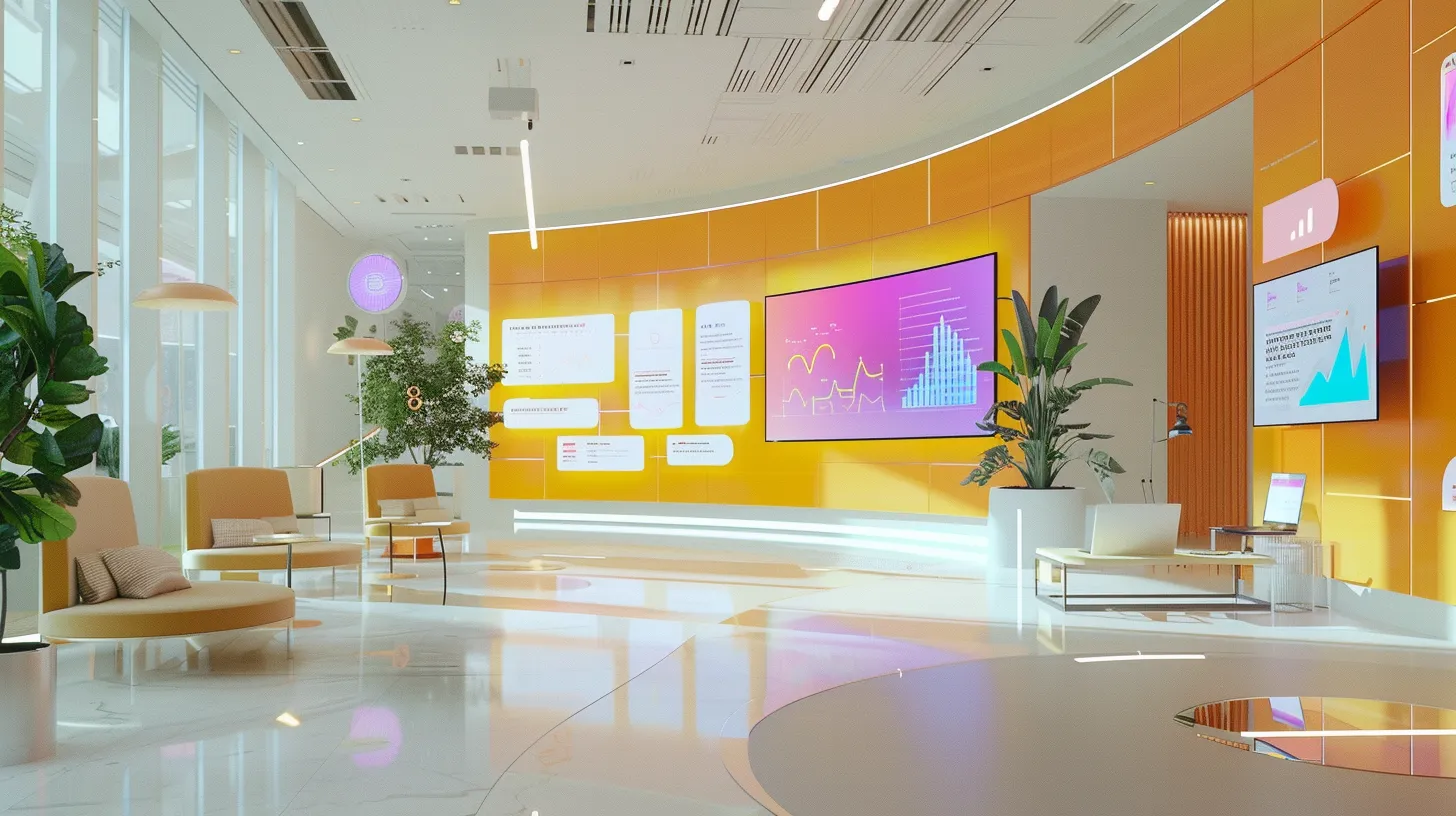 a vibrant digital marketing landscape showcasing a dynamic flow of retargeting ads and analytics visualizations, symbolizing the effective capture of lost leads and the refinement of marketing strategies in a modern consulting environment.