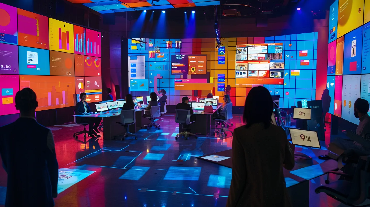 a vibrant digital workspace showcases a diverse group of professionals analyzing data on multiple screens, with colorful graphs and audience insights reflecting the power of targeted facebook advertising.