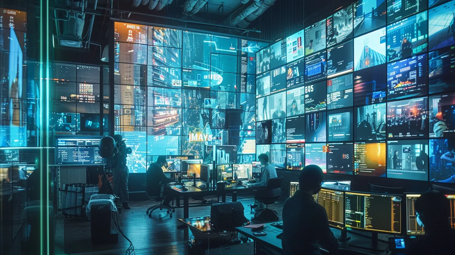 a vibrant, modern office scene showcases a diverse team of digital experts collaborating intensely around a high-tech workspace, surrounded by dynamic visuals of engaging blog posts and creative videos displayed on large screens.