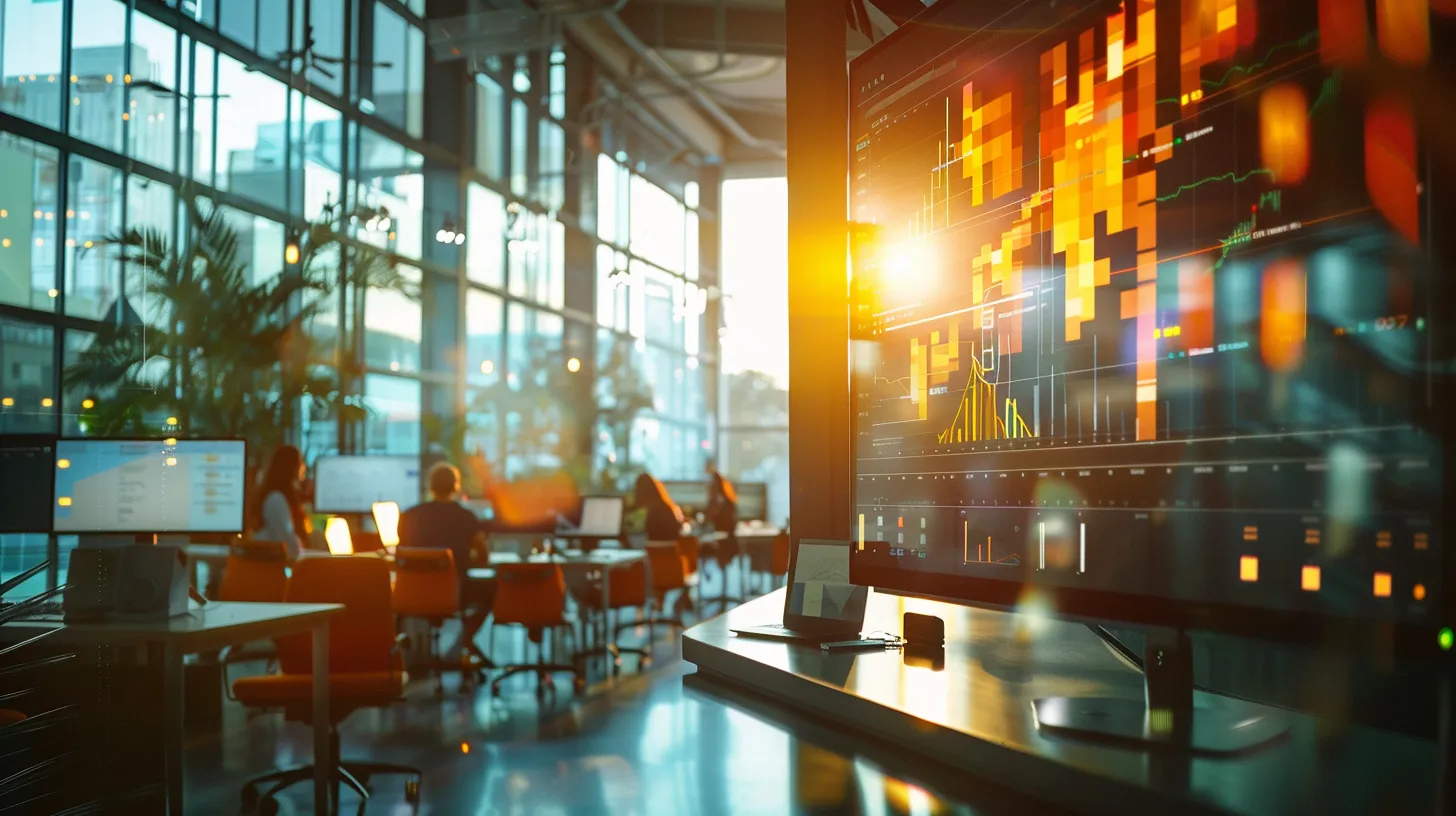 a vibrant, modern workspace buzzes with creativity, showcasing a large screen displaying dynamic social media analytics and engaging marketing content, illuminated by bright natural light streaming through expansive windows.