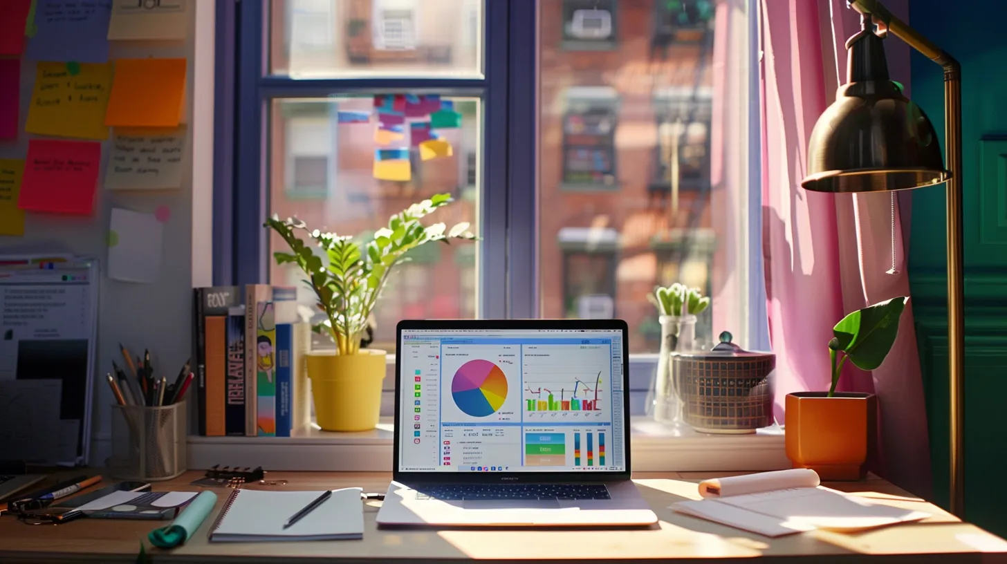 a vibrant workspace features a sleek laptop displaying a colorful dashboard of search engine analytics, surrounded by optimization tools and notes, illuminated by natural light streaming through a large window. a vibrant workspace features a sleek laptop displaying a colorful dashboard of search engine analytics, surrounded by optimization tools and notes, illuminated by natural light streaming through a large window.