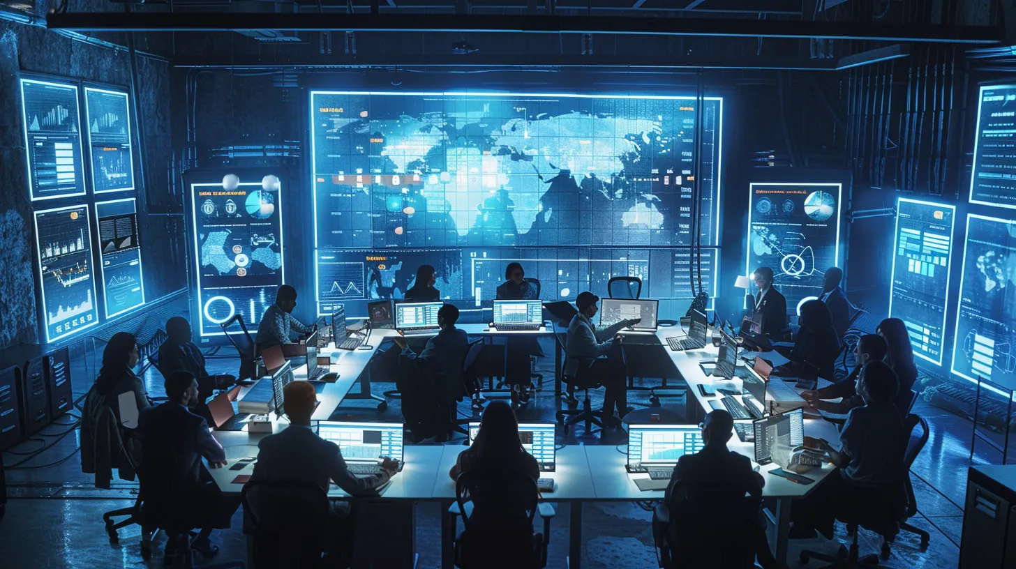 a dynamic office environment showcases a collaborative meeting between diverse team members and a fractional cmo, with digital charts and analytics displayed on screens, highlighting strategic planning for b2b growth.