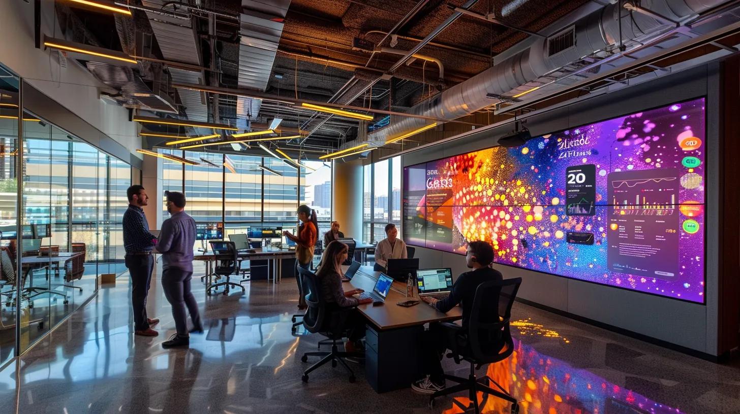 a dynamic office setting showcases a diverse team collaborating over sleek laptops, with vibrant graphs and data visualizations projected on a screen, illustrating the synergy of seo, content, and social media for amplified digital growth.