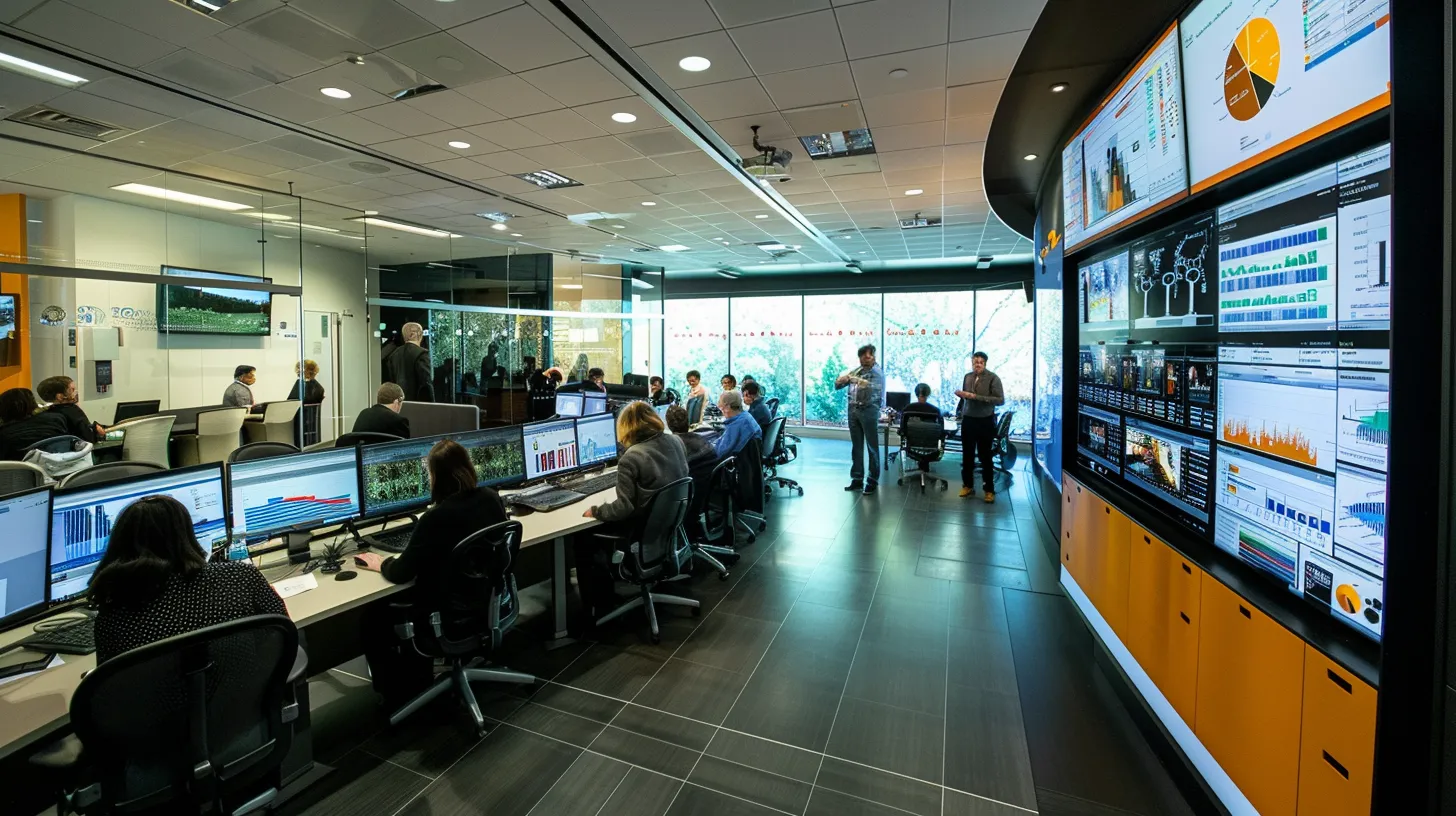 a dynamic office setting showcases a diverse group of marketing professionals engaged in a collaborative strategy session, surrounded by data visualizations and digital analytics displays that emphasize successful aeo implementation in performance marketing. a dynamic office setting showcases a diverse group of marketing professionals engaged in a collaborative strategy session, surrounded by data visualizations and digital analytics displays that emphasize successful aeo implementation in performance marketing.