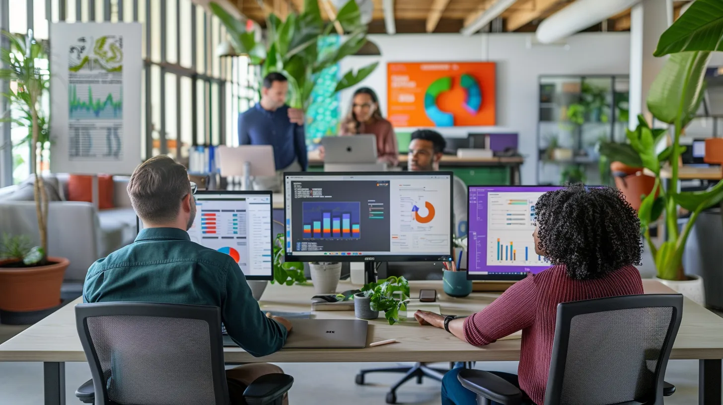 a dynamic office setting showcases a diverse team collaboratively examining vibrant digital charts and analytics on sleek screens, embodying eastmain's cutting-edge strategies in digital marketing and data-driven innovation.
