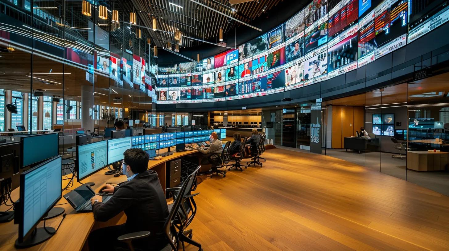 a dynamic urban office space buzzes with activity as a diverse team collaborates on a digital marketing campaign, surrounded by screens showcasing vibrant social media ads and engaging analytics, reflecting the strategic execution of social media advertising to expand market presence.