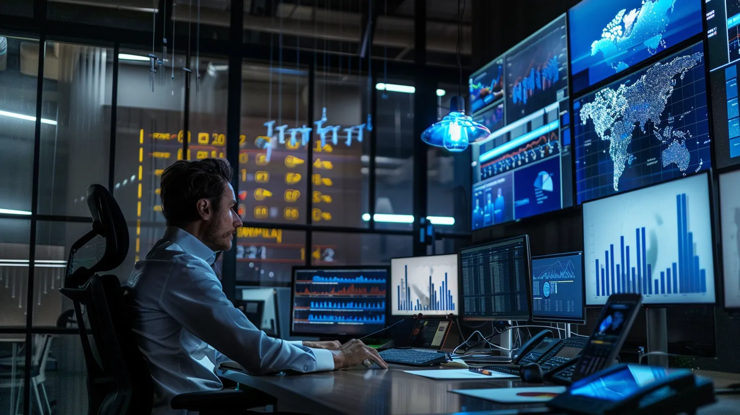 a focused business professional is engaged in a video conference, surrounded by modern office technology and data analytics displays, reflecting the dynamic process of overcoming b2b lead generation challenges through strategic linkedin outreach and relationship building.