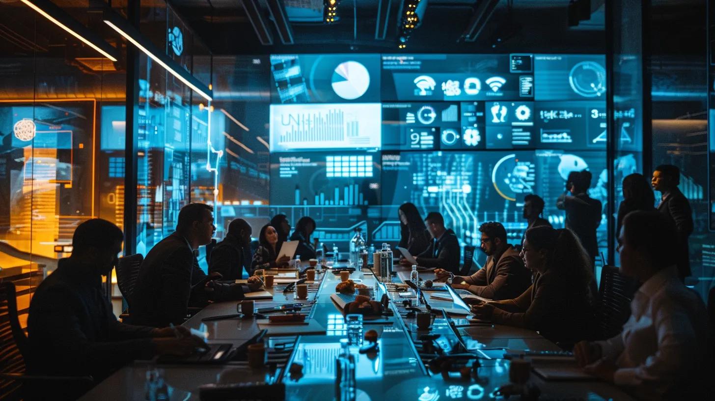 a modern office environment showcases a sleek conference table surrounded by diverse professionals engaged in lively discussion, with projection screens displaying vibrant infographics and digital content strategies, emphasizing collaboration and innovation in audience engagement.