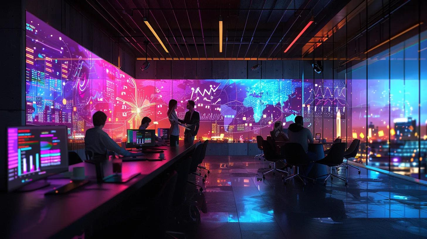 a modern office setting with a group of marketing consultants intensely analyzing ai-driven dashboards and charts, showcasing vibrant visualizations of predictive analytics and strategy planning, illuminated by sleek led lights. a modern office setting with a group of marketing consultants intensely analyzing ai-driven dashboards and charts, showcasing vibrant visualizations of predictive analytics and strategy planning, illuminated by sleek led lights.