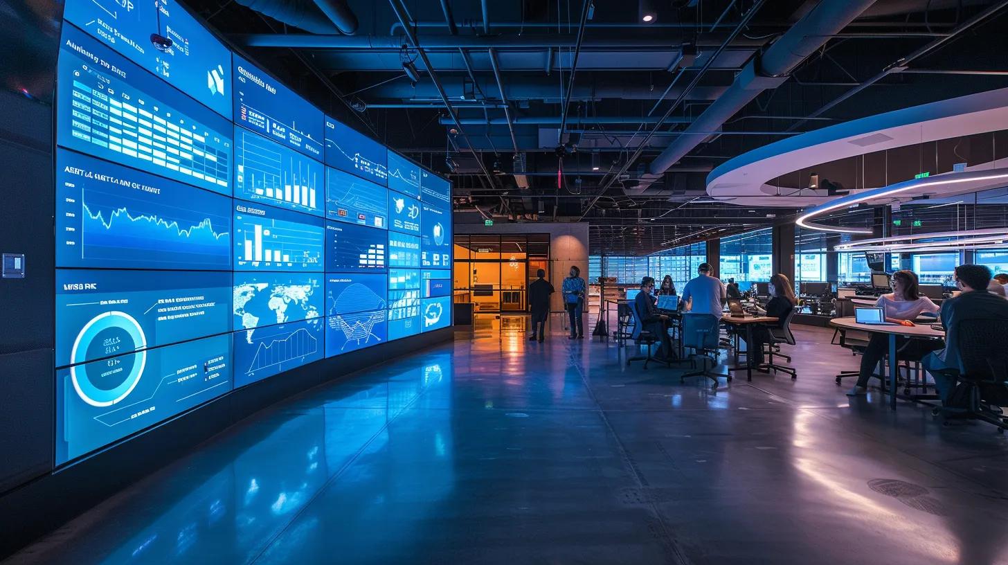 a modern, sleek office space features a large digital screen displaying dynamic analytics and seo strategies, surrounded by engaged professionals collaborating over laptops and data reports, highlighting the integration of a unified search engine optimization strategy to drive business growth.