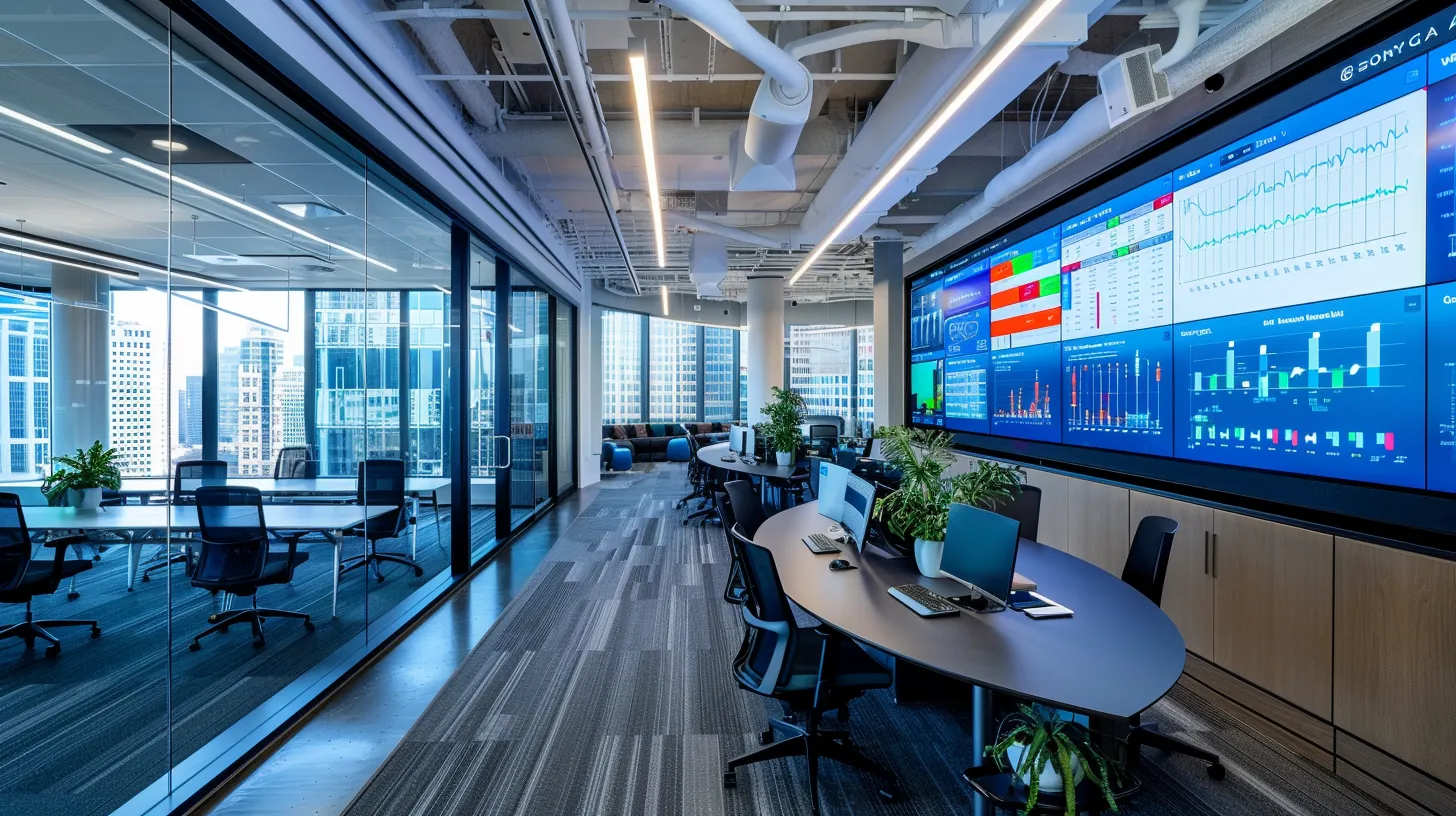 a sharp, modern office space features a confident fractional cmo engaging in a strategy discussion with performance marketers, illuminated by bright overhead lights that accentuate charts and digital analytics displayed on sleek screens.