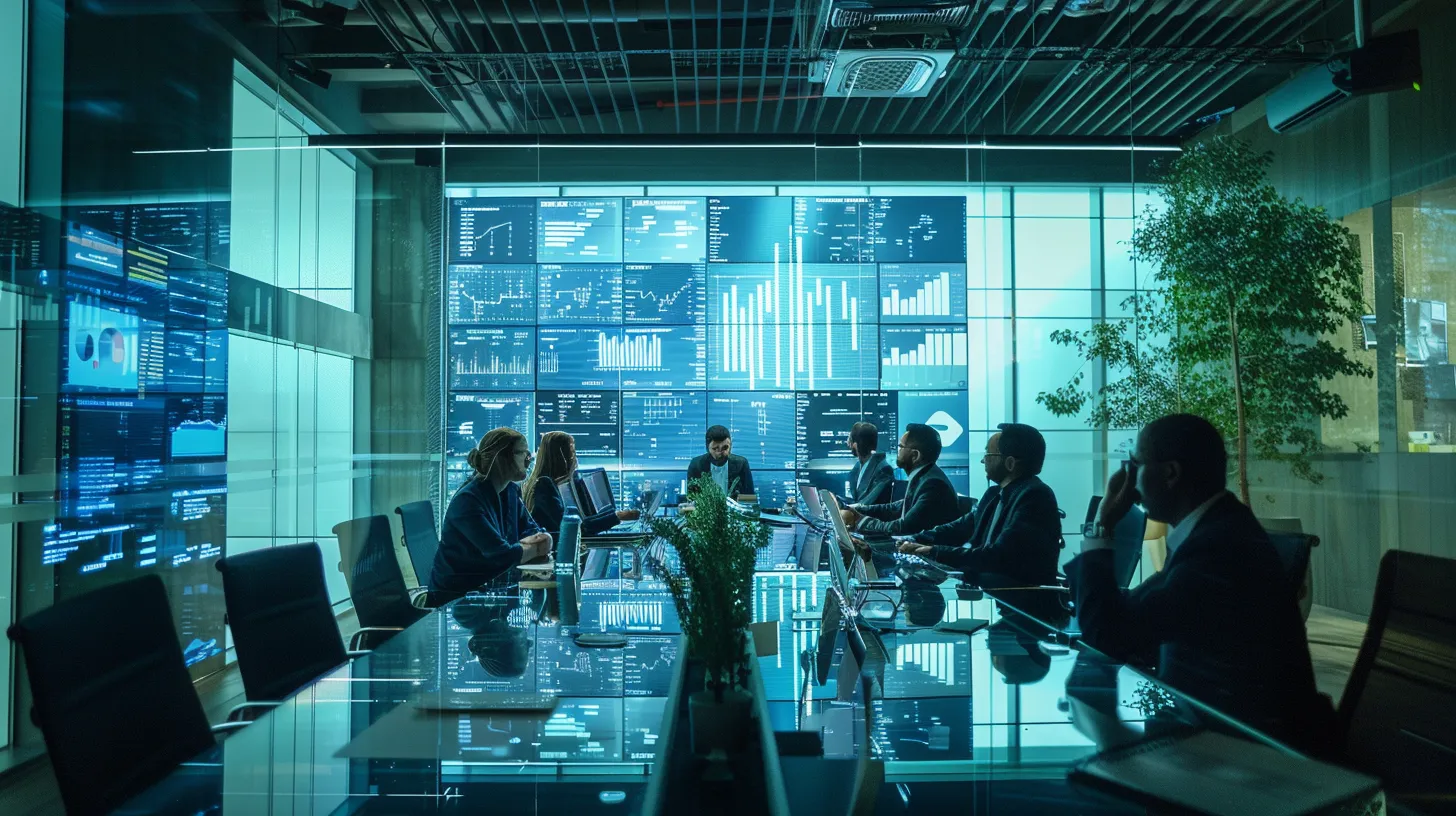 a sleek, modern conference room with a large glass table is filled with diverse professionals engaged in a collaborative discussion, surrounded by digital screens displaying seo metrics and marketing strategies, emphasizing the importance of choosing the right agency.